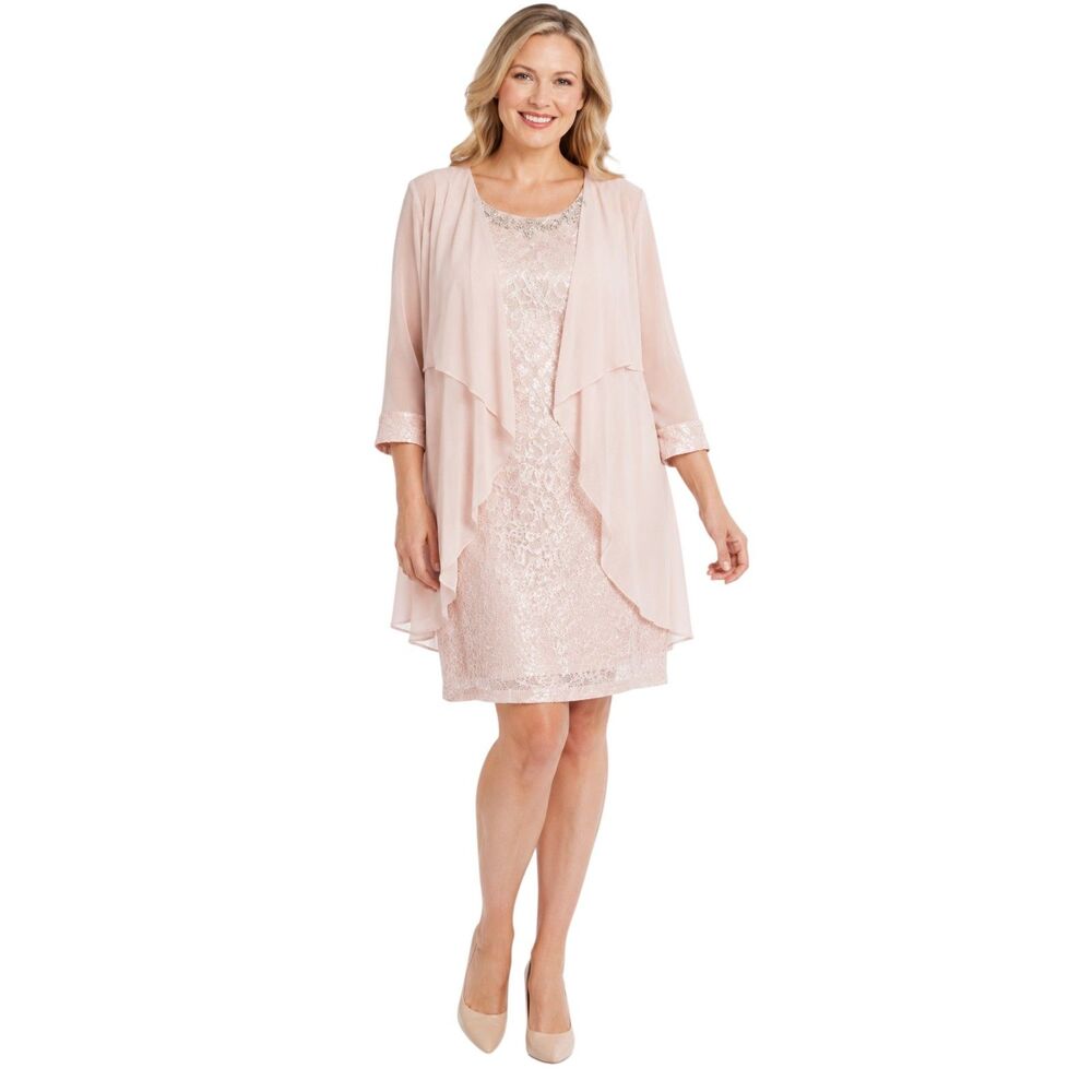 R&M Richards Size 16 Pink Blush Floral Lace Short Tank Dress with Chiffon Jacket